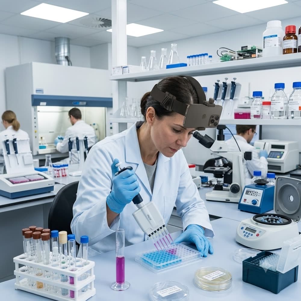 Profesional grabando en primera persona en un laboratorio
